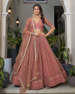 Rust Thread & Sequins Work Customized Women Net Lehenga Choli With Embroidered Dupatta