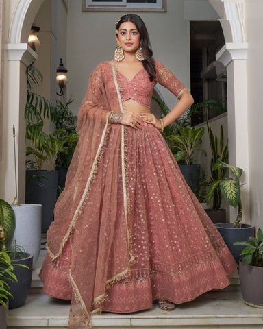 Rust Thread & Sequins Work Customized Women Net Lehenga Choli With Embroidered Dupatta