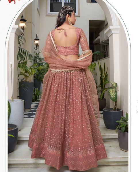 Rust Thread & Sequins Work Customized Women Net Lehenga Choli With Embroidered Dupatta