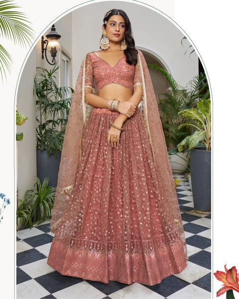 Rust Thread & Sequins Work Customized Women Net Lehenga Choli With Embroidered Dupatta