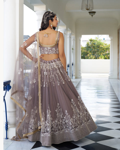 Light Dusty Brown Thread & Sequins Work Customized Women Net Lehenga Choli With Embroidered Dupatta