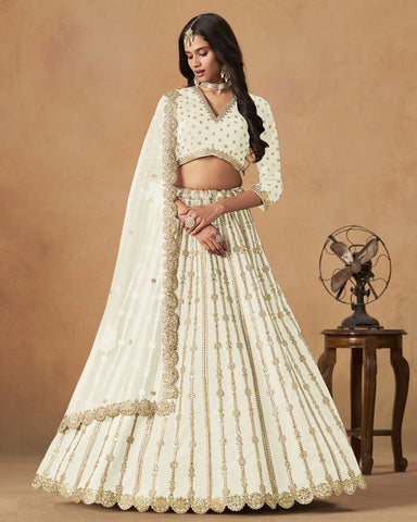 White Gota Patti Work Art Silk Unstitched Women Lehenga Choli