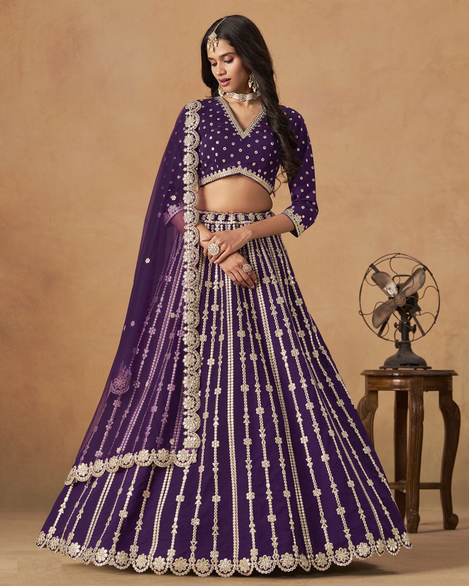 Purple Gota Patti Work Art Silk Unstitched Women Lehenga Choli