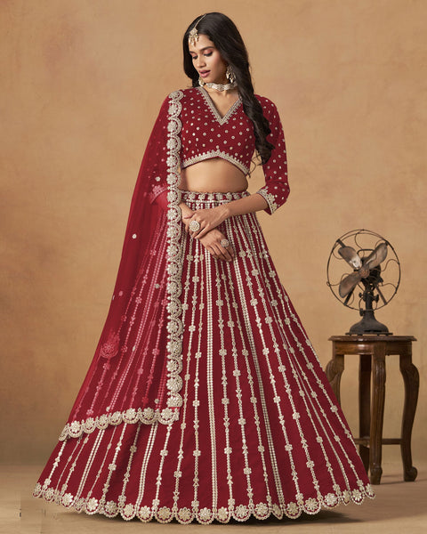 Red Gota Patti Work Art Silk Unstitched Women Lehenga Choli