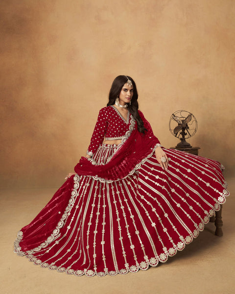 Red Gota Patti Work Art Silk Unstitched Women Lehenga Choli