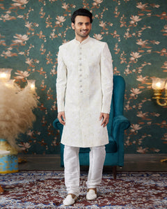 Cream Art Silk Man Readymade Sherwani With Thread Embroidery
