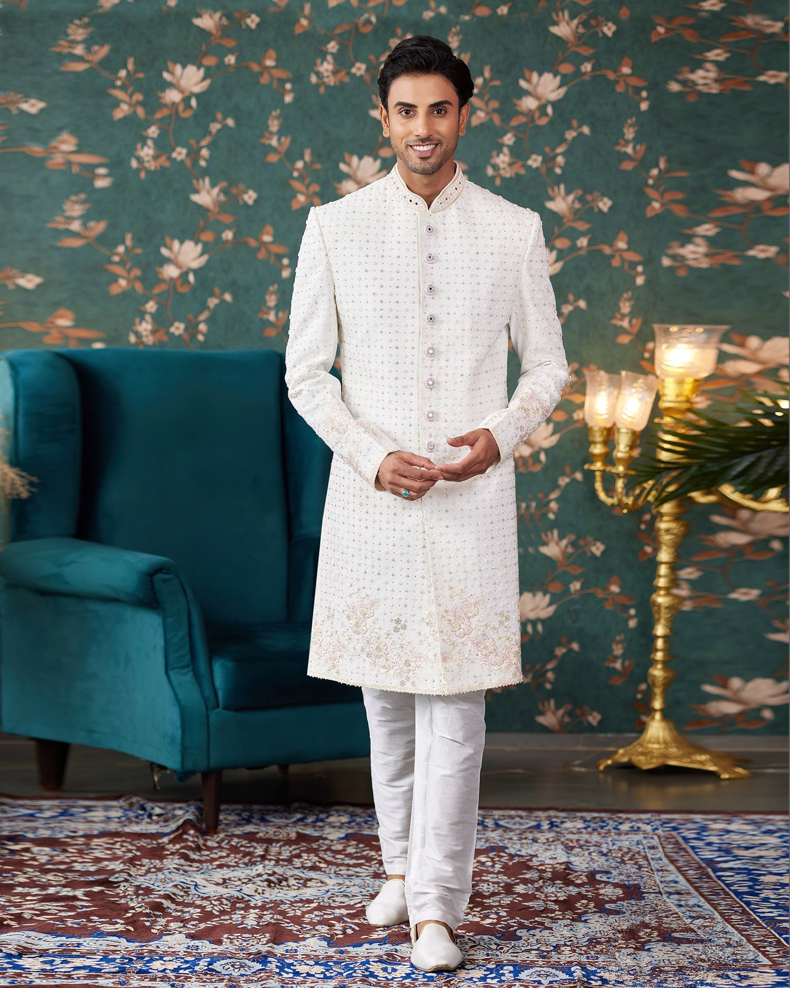 Cream Art Silk Man Readymade Sherwani With Thread Embroidery
