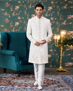Cream Art Silk Man Readymade Sherwani With Thread Embroidery