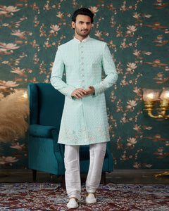 Pista Green Art Silk Man Readymade Sherwani With Thread Embroidery