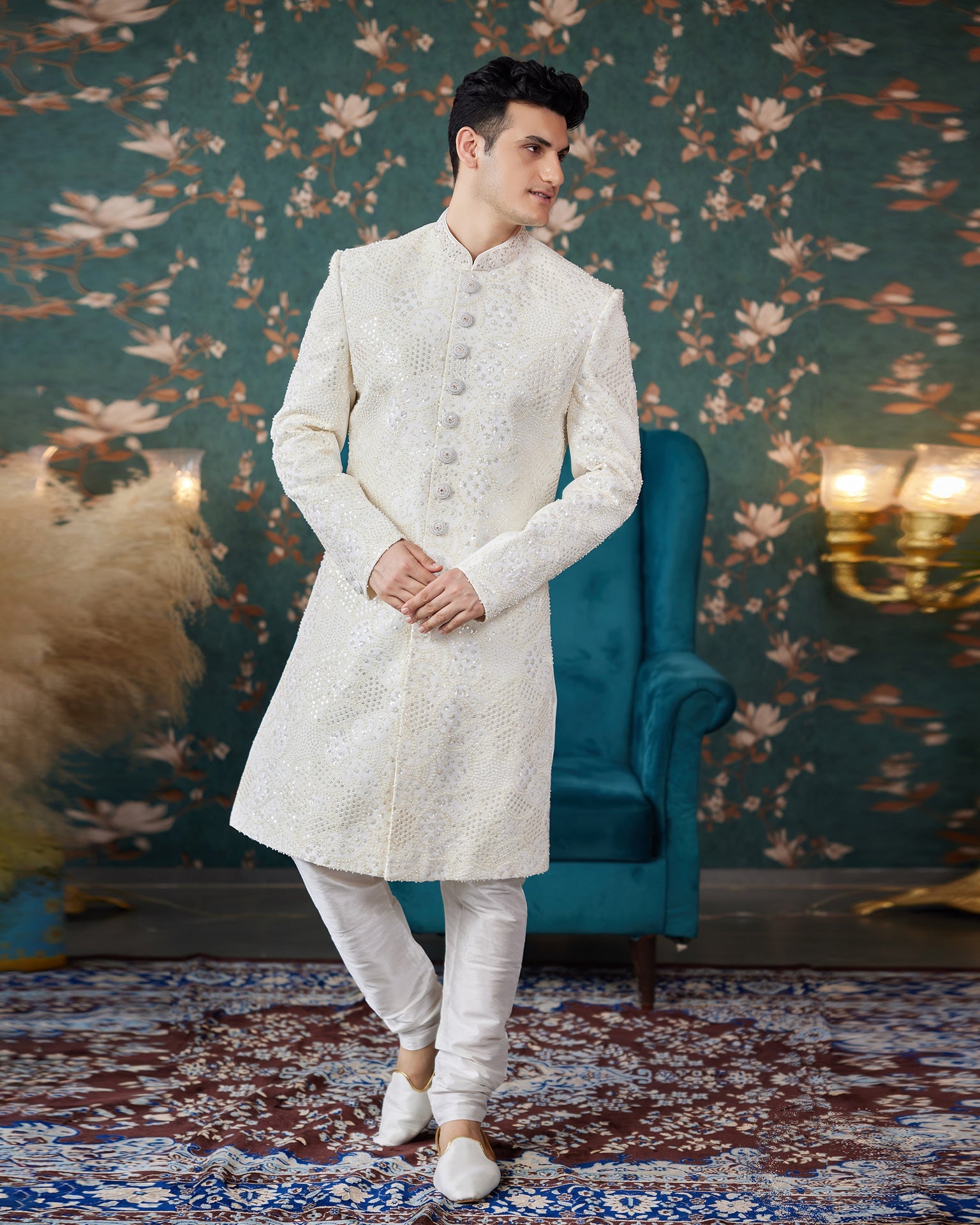 Cream Art Silk Man Readymade Sherwani With Thread Embroidery