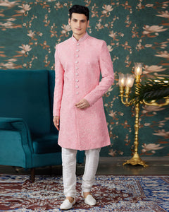 Pink Art Silk Man Readymade Sherwani With Thread Embroidery
