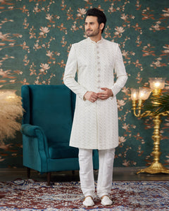 Cream Art Silk Man Readymade Sherwani With Thread Embroidery