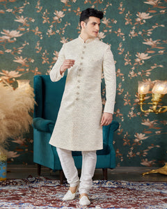Cream Art Silk Man Readymade Sherwani With Thread Embroidery