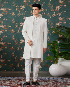 Cream Art Silk Man Readymade 3 PC Indowestern Sherwani With Beads Embroidery