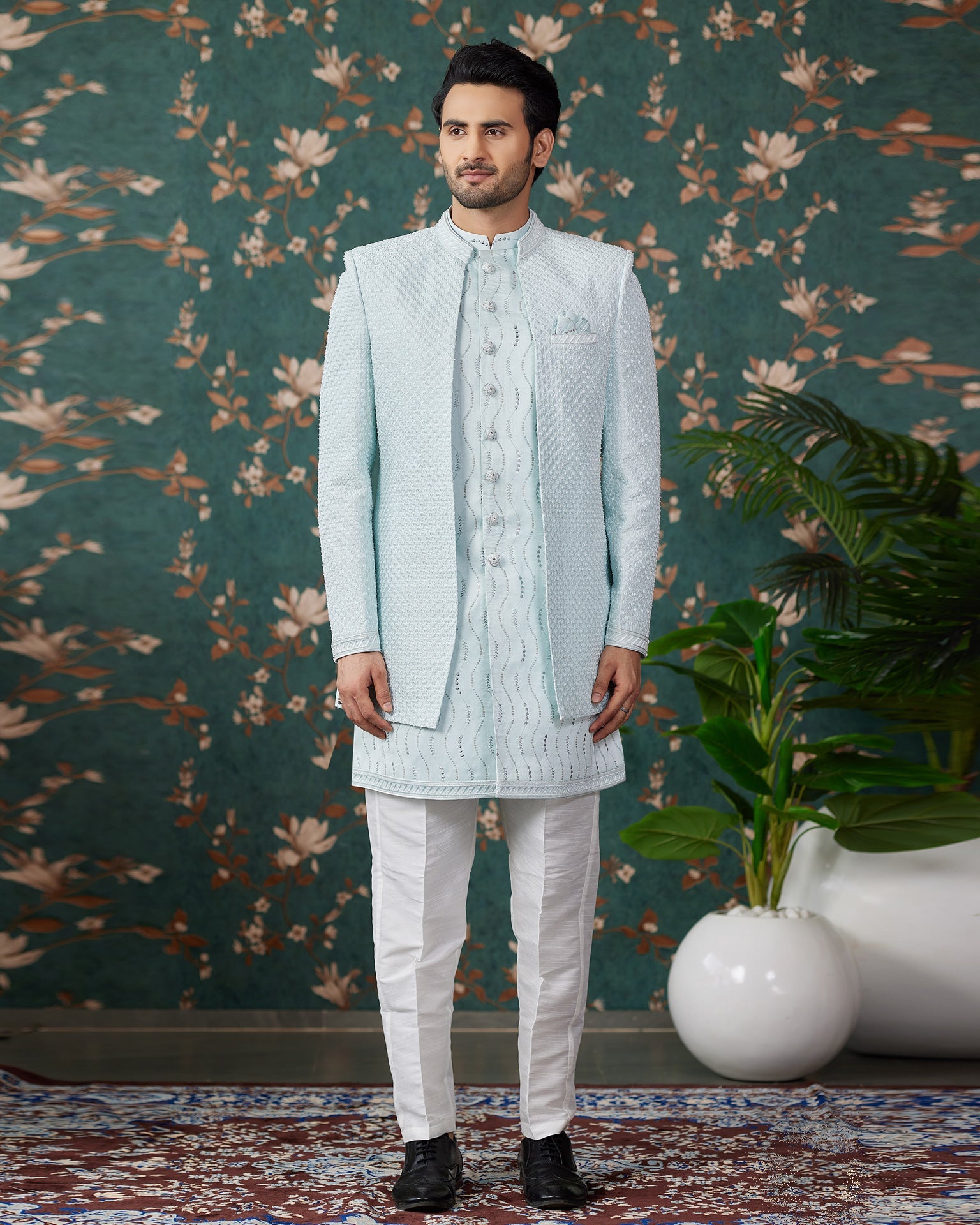 Sky Blue Art Silk Man Readymade 3 PC Indowestern Sherwani With Beads Embroidery