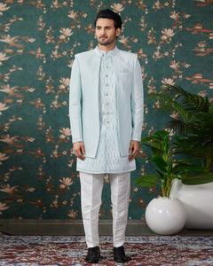 Sky Blue Art Silk Man Readymade 3 PC Indowestern Sherwani With Beads Embroidery