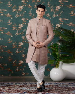 Light Brown Art Silk Man Readymade 3 PC Indowestern Sherwani With Beads Embroidery