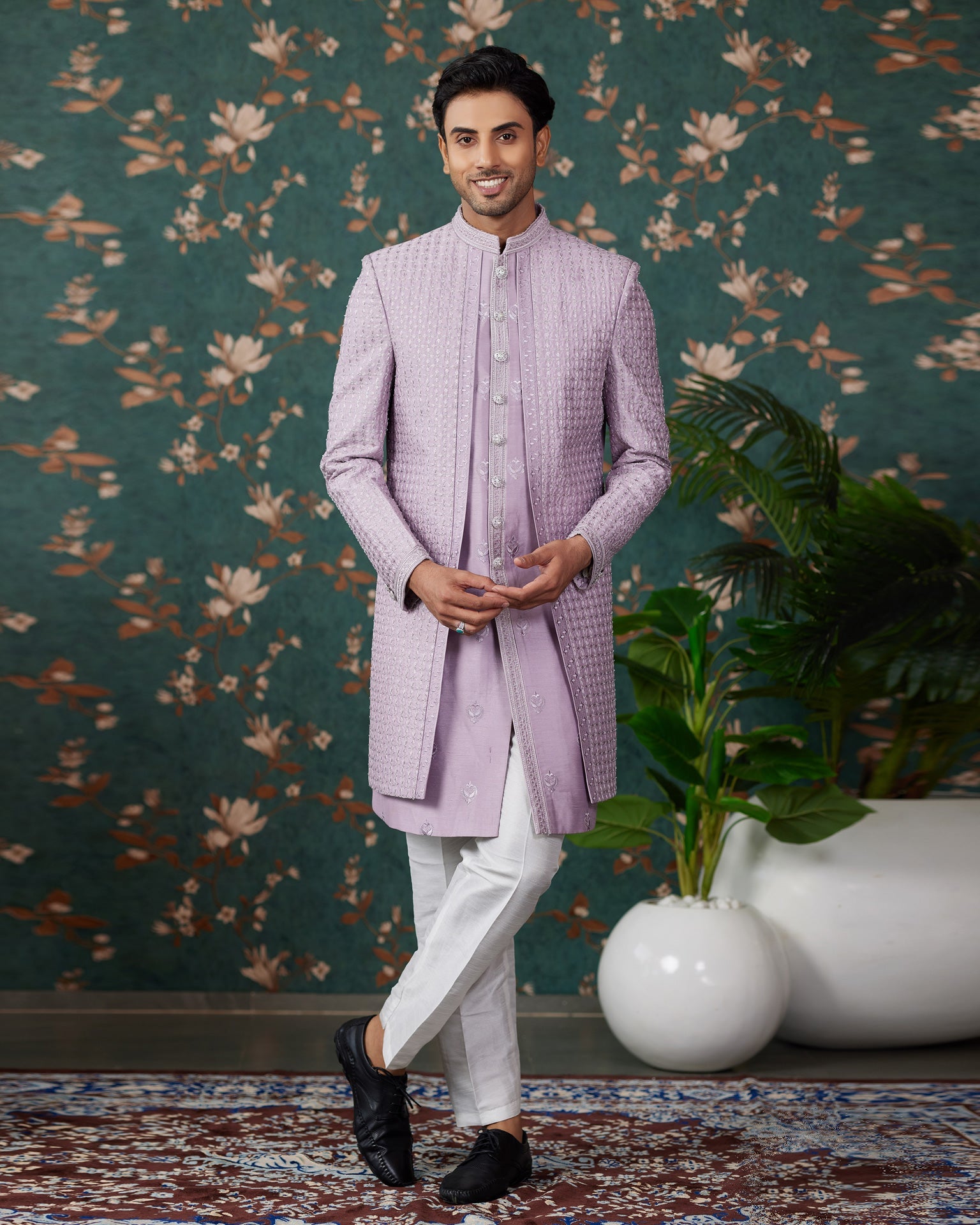 Light Purple Art Silk Man Readymade 3 PC Indowestern Sherwani With Beads Embroidery