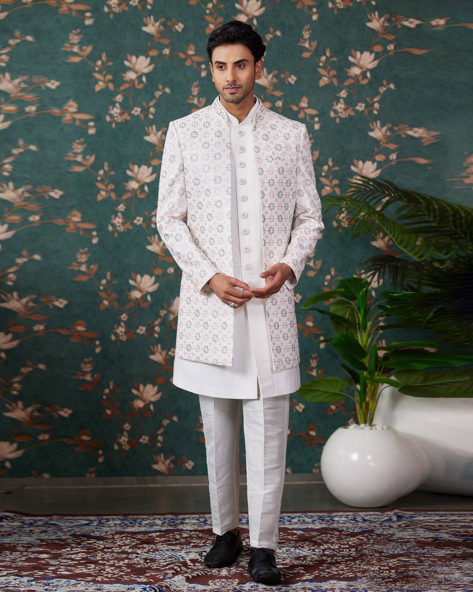 Cream Art Silk Man Readymade 3 PC Indowestern Sherwani With Beads Embroidery