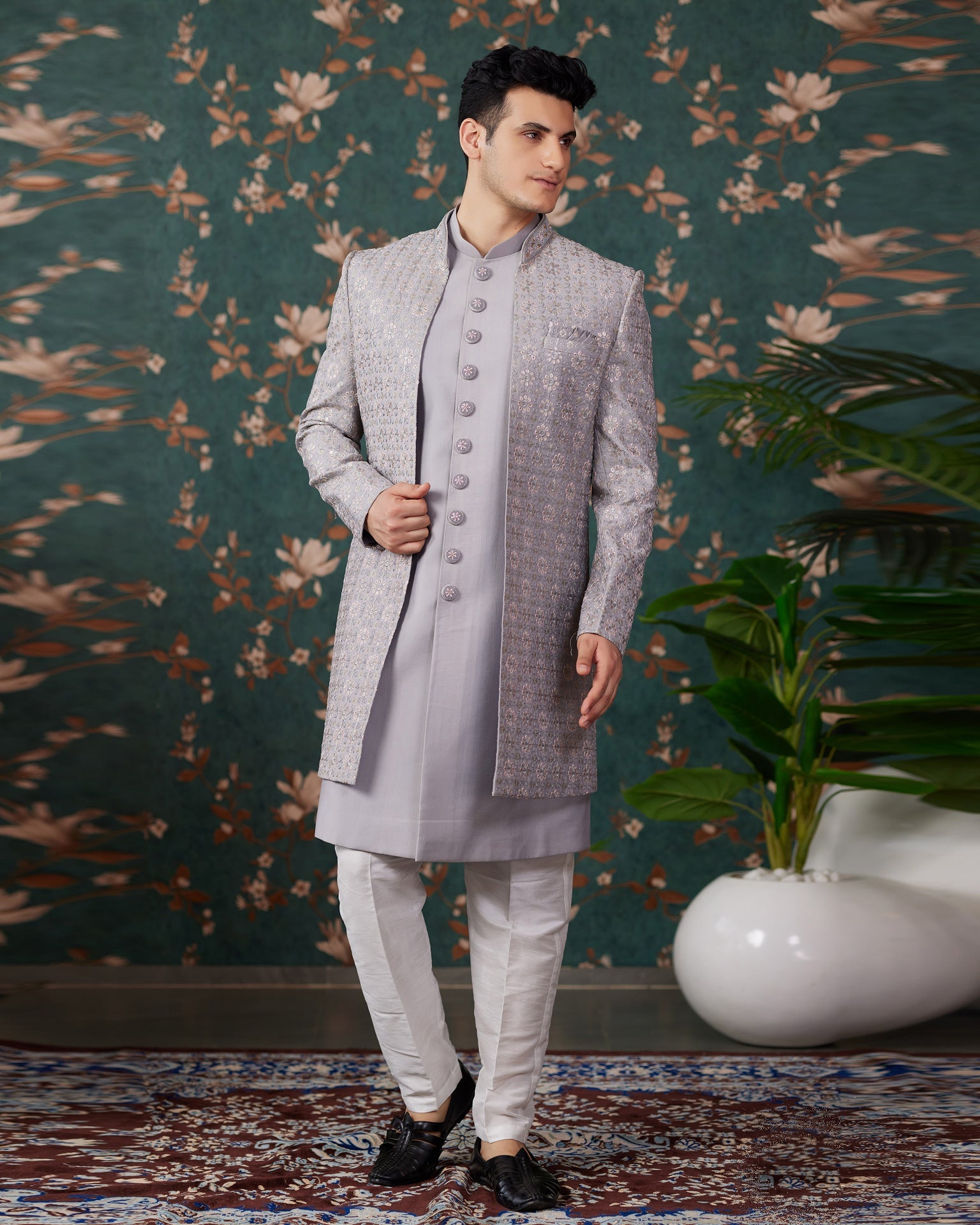 Grey Art Silk Man Readymade 3 PC Indowestern Sherwani With Beads Embroidery