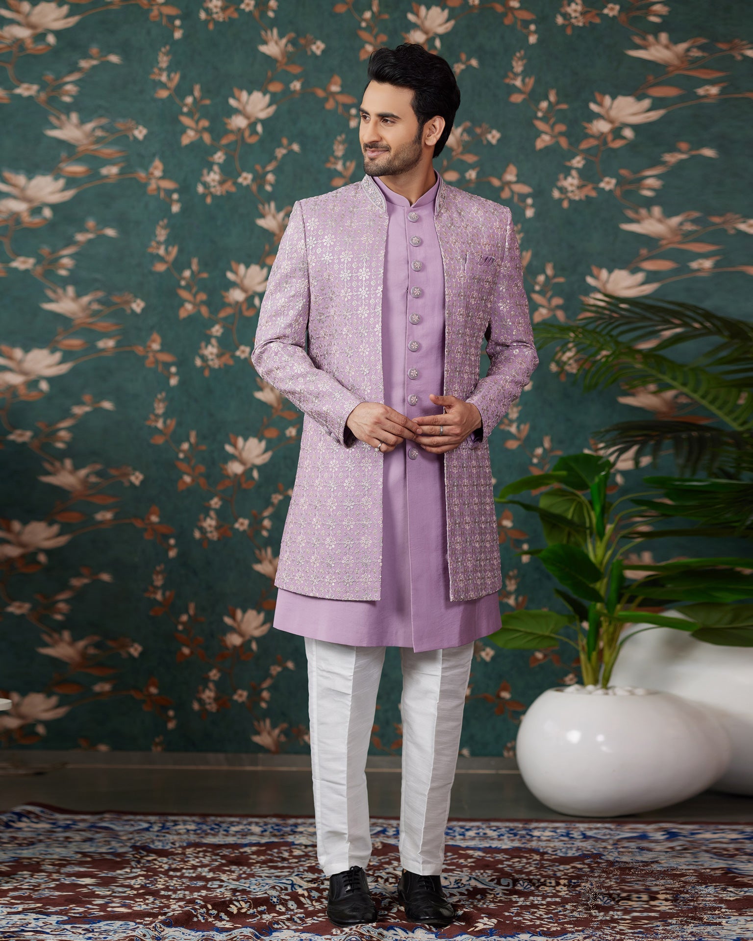 Light Purple Art Silk Man Readymade 3 PC Indowestern Sherwani With Beads Embroidery