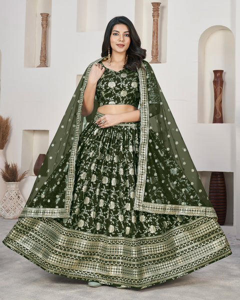 Green Art Silk Jacquard Lehenga Choli With Net Dupatta
