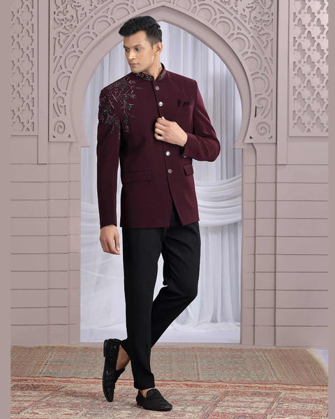 Wine Imported Fabric Men Jodhpuri Coat