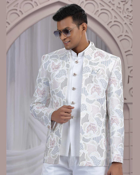 Cream Art Silk Fabric Embroidered Men Jodhpuri Coat With Jacket