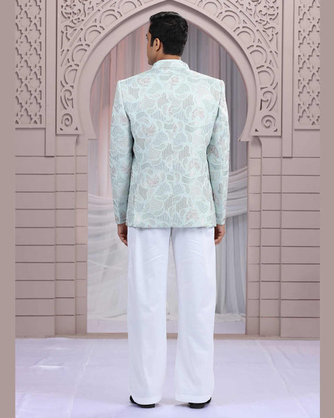 Light Blue Art Silk Fabric Embroidered Men Jodhpuri Coat With Jacket