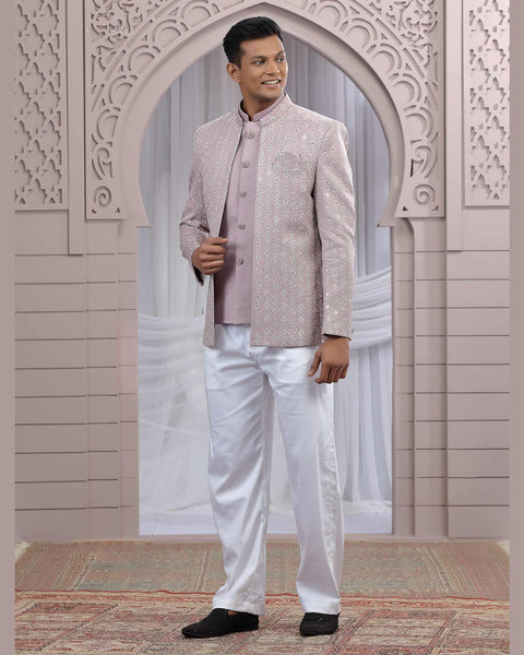 Onion Pink Art Silk Fabric Embroidered Men Jodhpuri Coat With Jacket
