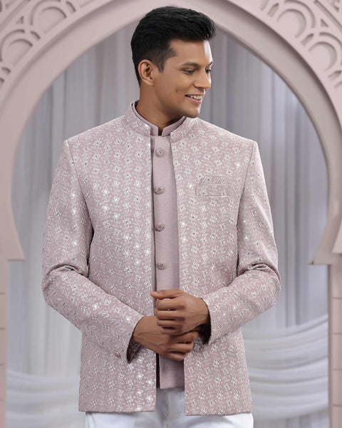 Onion Pink Art Silk Fabric Embroidered Men Jodhpuri Coat With Jacket