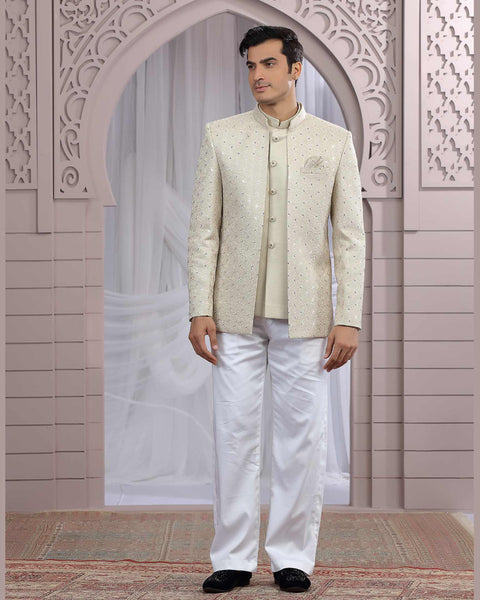 Beige Art Silk Fabric Embroidered Men Jodhpuri Coat With Jacket