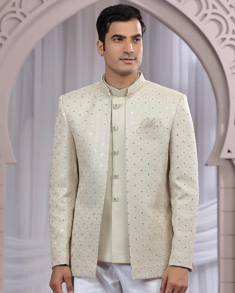 Beige Art Silk Fabric Embroidered Men Jodhpuri Coat With Jacket