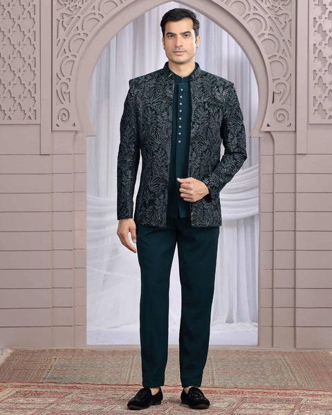 Teal Green Art Silk Fabric Embroidered Men Jodhpuri Coat With Jacket