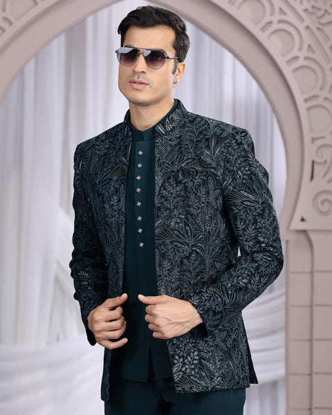Teal Green Art Silk Fabric Embroidered Men Jodhpuri Coat With Jacket