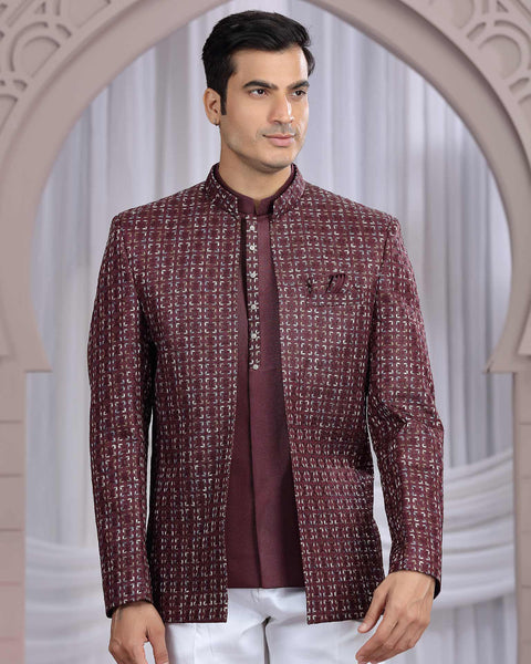 Wine Art Silk Fabric Embroidered Men Jodhpuri Coat With Jacket