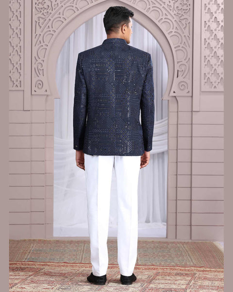 Navy Blue Art Silk Fabric Embroidered Men Jodhpuri Coat With Jacket
