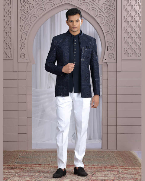 Navy Blue Art Silk Fabric Embroidered Men Jodhpuri Coat With Jacket