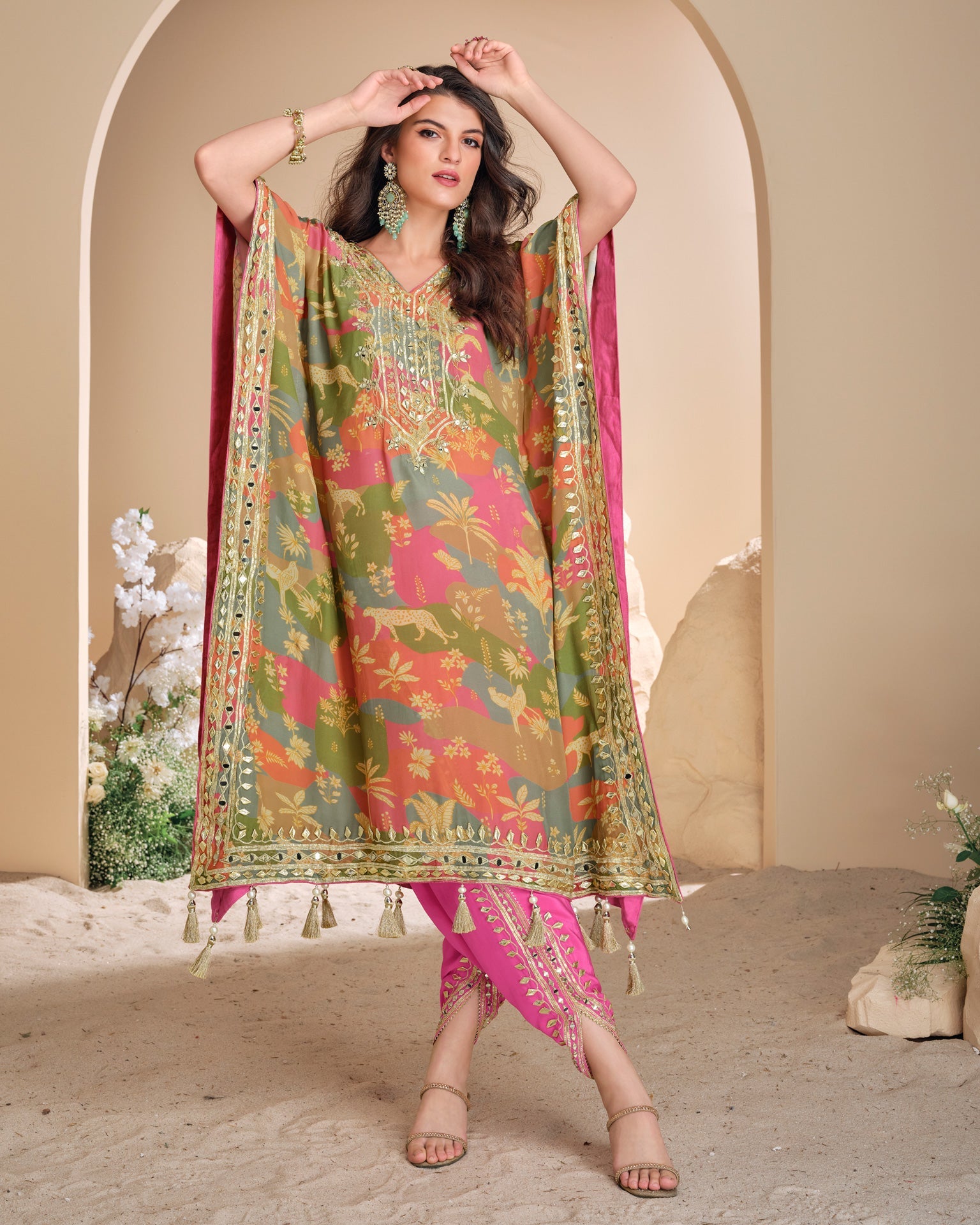 Women Pink Green Crepe Silk Gota Patti & Mirror Work Readymade Kaftan Suit With Embroidered Dhoti Salwar