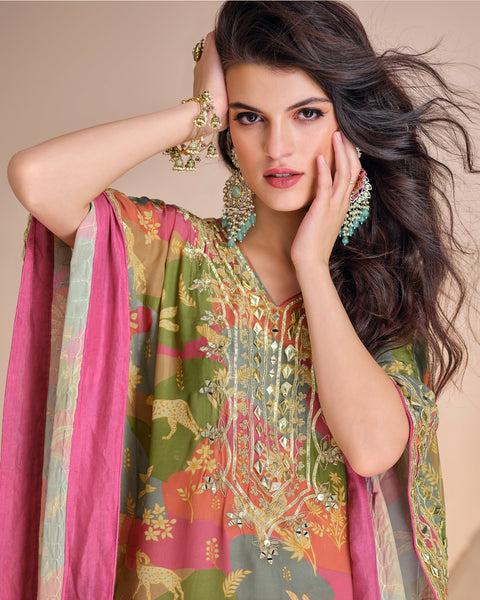 Women Pink Green Crepe Silk Gota Patti & Mirror Work Readymade Kaftan Suit With Embroidered Dhoti Salwar