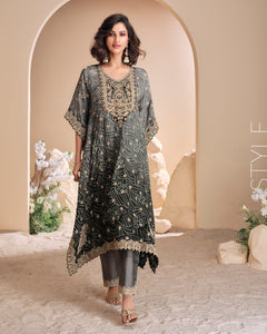 Women Black Grey Crepe Silk Zari, Sequins & Mirror Work Readymade Kaftan Suit