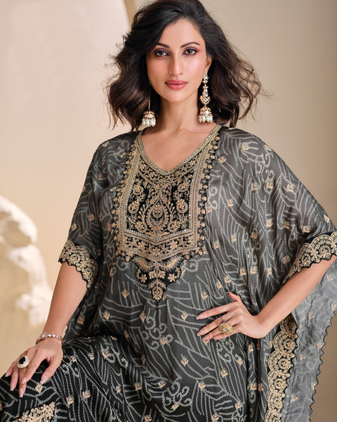 Women Black Grey Crepe Silk Zari, Sequins & Mirror Work Readymade Kaftan Suit