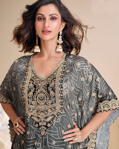 Women Black Grey Crepe Silk Zari, Sequins & Mirror Work Readymade Kaftan Suit