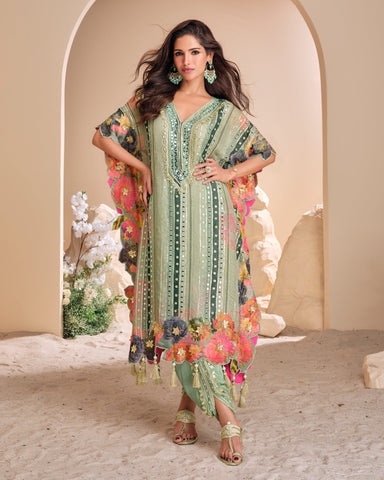 Women Green Crepe Silk Gota Patti & Mirror Work Readymade Kaftan Suit With Embroidered Dhoti Salwar