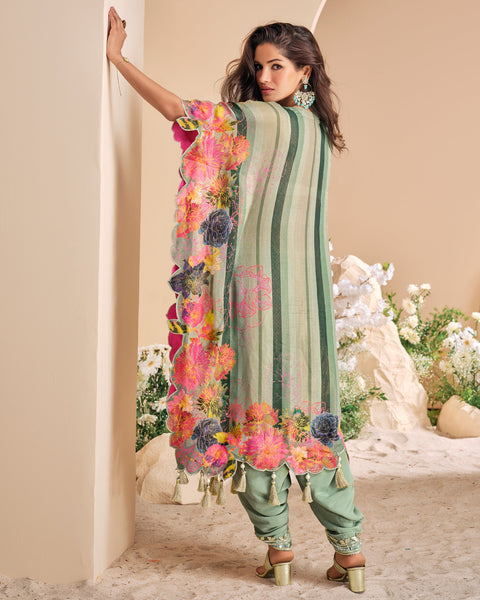 Women Green Crepe Silk Gota Patti & Mirror Work Readymade Kaftan Suit With Embroidered Dhoti Salwar