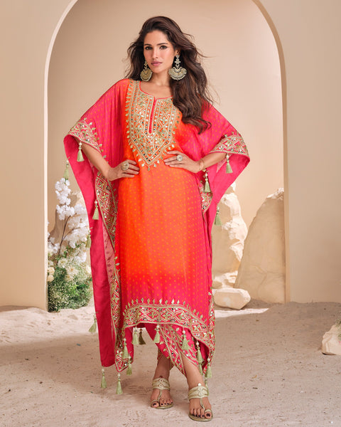 Women Pink Orange Crepe Silk Gota Patti & Mirror Work Readymade Kaftan Suit With Embroidered Dhoti Salwar