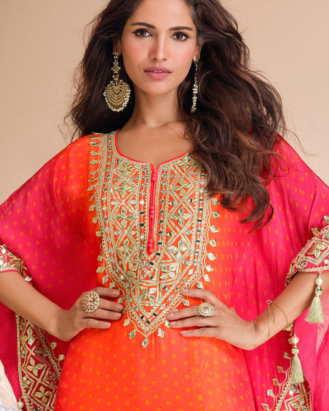 Women Pink Orange Crepe Silk Gota Patti & Mirror Work Readymade Kaftan Suit With Embroidered Dhoti Salwar