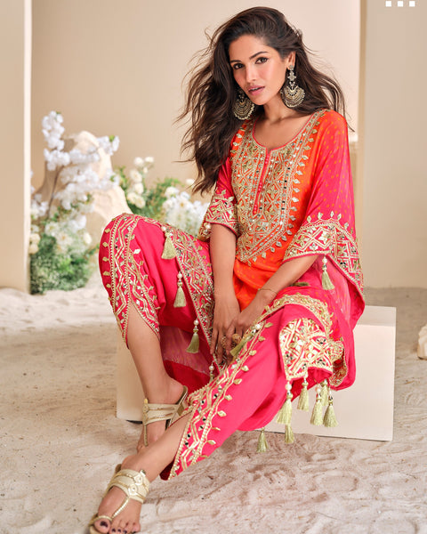 Women Pink Orange Crepe Silk Gota Patti & Mirror Work Readymade Kaftan Suit With Embroidered Dhoti Salwar