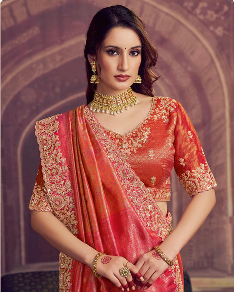 Pink Kanjivaram Silk Saree For Women With Embroidered Blouse