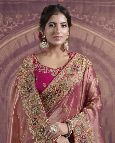 Peach Zari Organza Silk Saree For Women With Silk Blouse